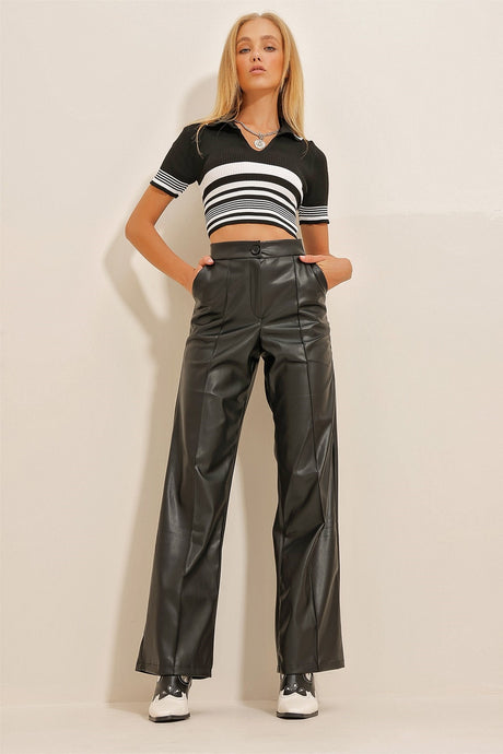 Women's Black Front Grass Double Pockets Faux Leather Palazzo Pants Alc-x10787