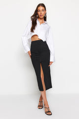 Black Striped Slit Detailed High Waist Maxi Knitted Skirt Twoss23et00376