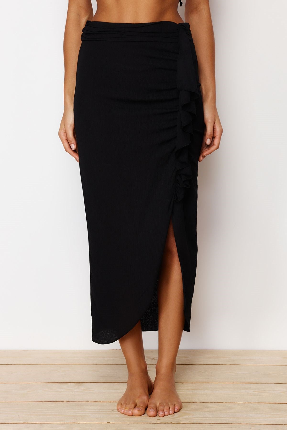 Black Midi Woven Ruffle Skirt Tbess24et00015