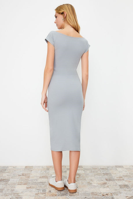 Grey Boat Neck Body Fit Cotton Flexible Knitted Midi Pencil Dress Twoss24el00021