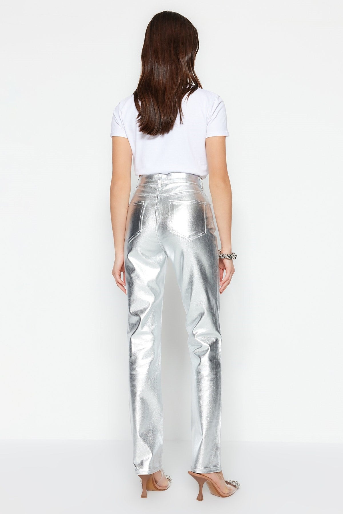 Silver Shiny Metallic Printed High Waist Straight Jeans Twoss23je00243