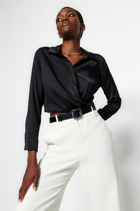 Black Satin Crop Woven Shirt Collar Blouse Twoaw24bz00197