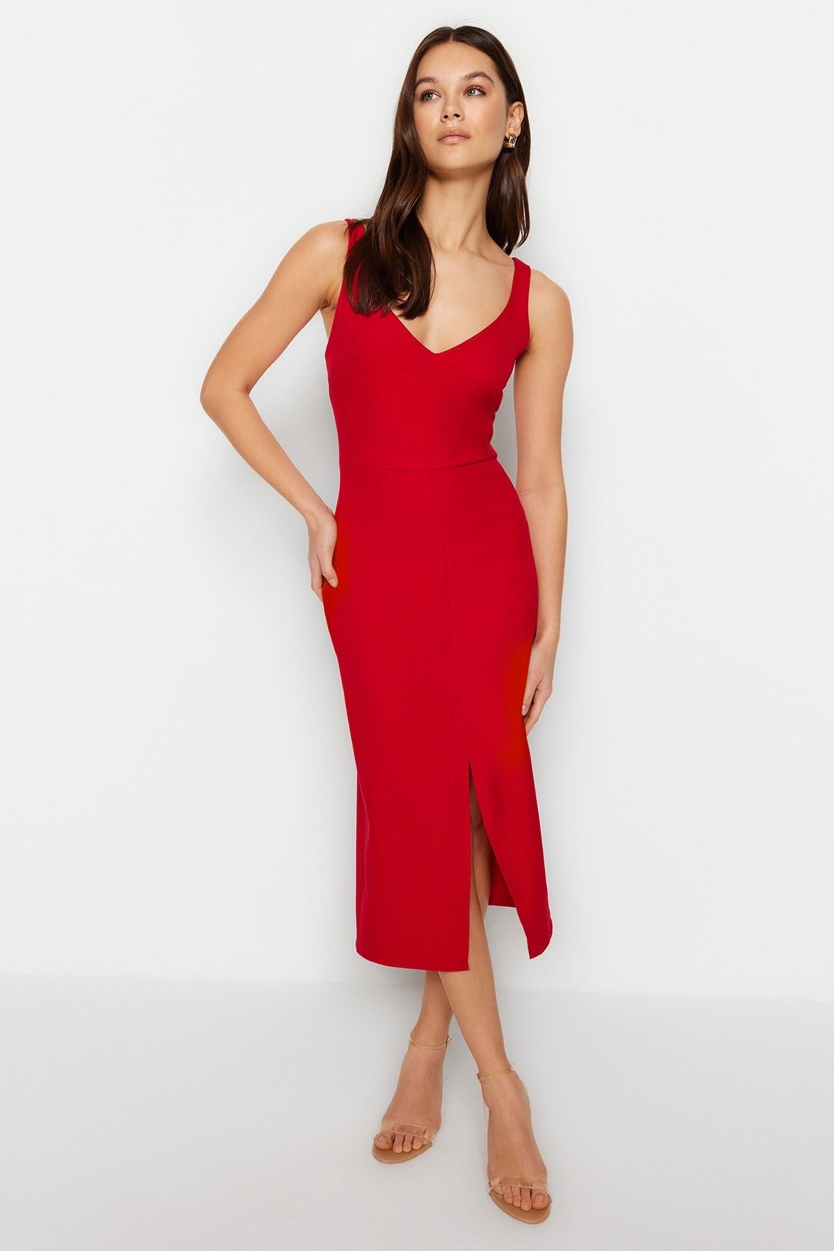 Red Belted Body-fitting Slit Detailed Midi Woven Dress Twoss23el02262