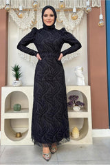 Women's Black Patterned Evening Dress T 0411 24yabltr0411