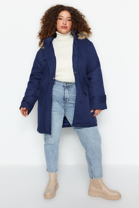 Navy Blue Fur Hooded Coat Tbbaw24aw00022