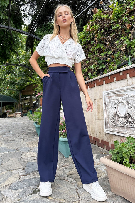 Women's Navy Blue High Waist Double Pockets Pleated Snap Closure Palazzo Pants Alc-x10753