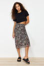 Brown Waist Elastic Printed Midi Length Lined Tulle Knit Skirt Twoaw24et00006