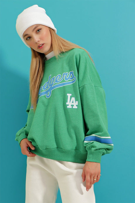 Women's Sky Blue Crew Neck Dodgers Printed Sleeve Striped Sweatshirt Alc-x8960