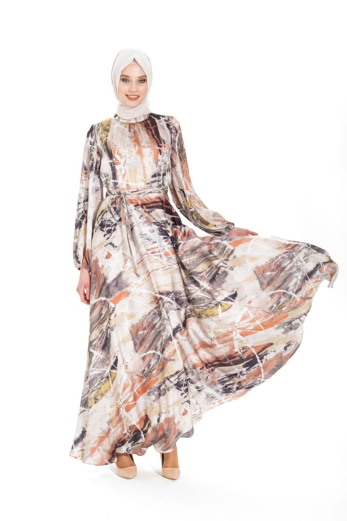 Forest Watercolor Printed Coffee Burkini Silk Dress 5255 T22el3m5255