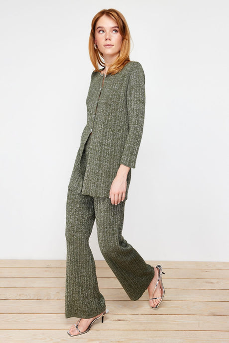 Khaki Silvery Cardigan-pants Knitwear Bottom-top Suit Twoss24au00007