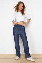 Dark Blue 100% Tencel™ High Waist Wide Leg Jeans With Elastic Waist Twoss24je00298