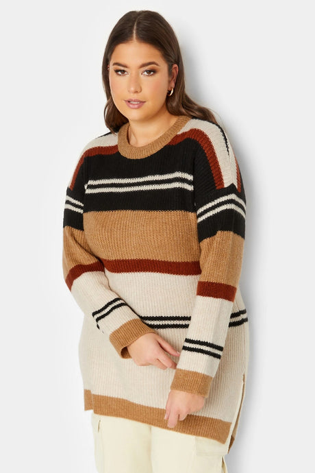 Plus Size Striped Round Neck Slit Detailed Knitwear Sweater 301831