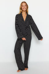 Powder Heart Pattern Drawstring Detailed Shirt-pants Woven Sleepwear Set Thmaw22pt0300