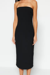 Black Shift/straight Cut Strapless Gabardine Midi Woven Dress Twoss22el00795