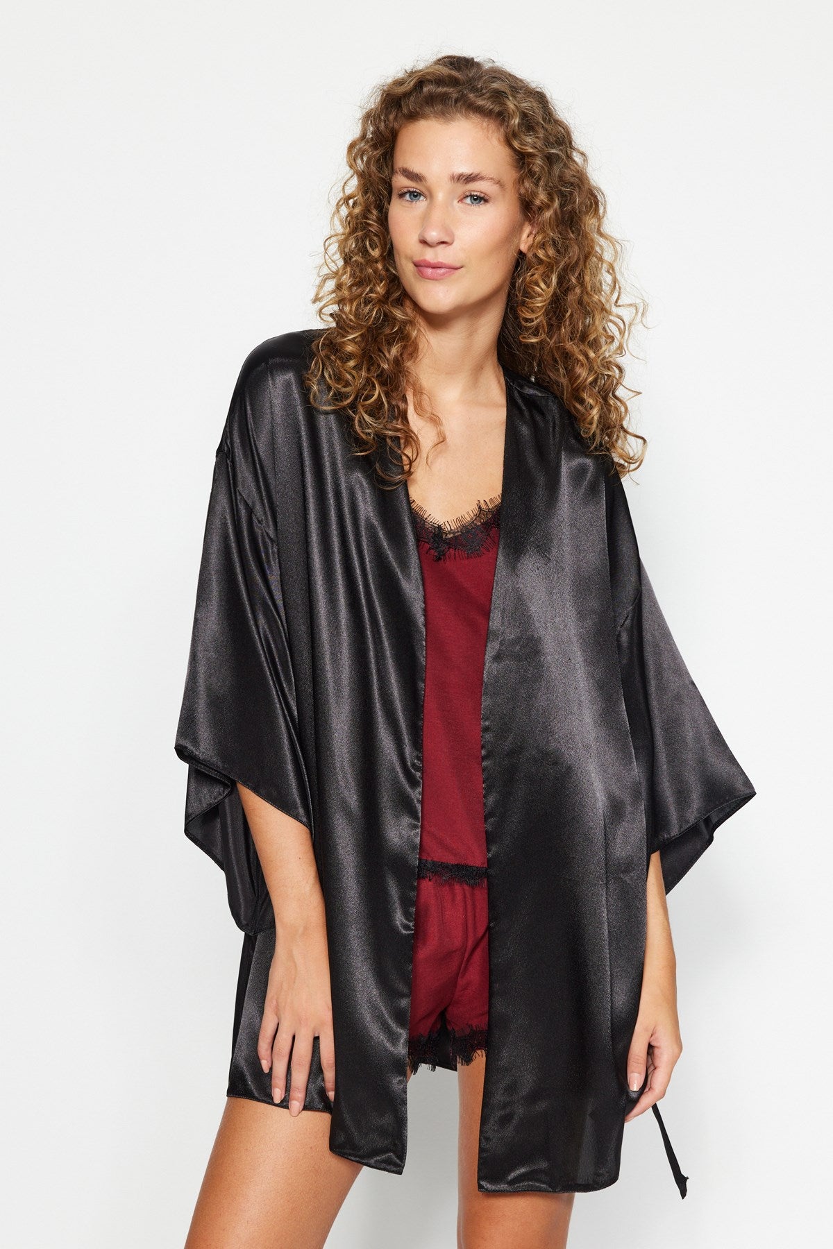 Black Belted Satin Woven Dressing Gown Thmaw23sb00011