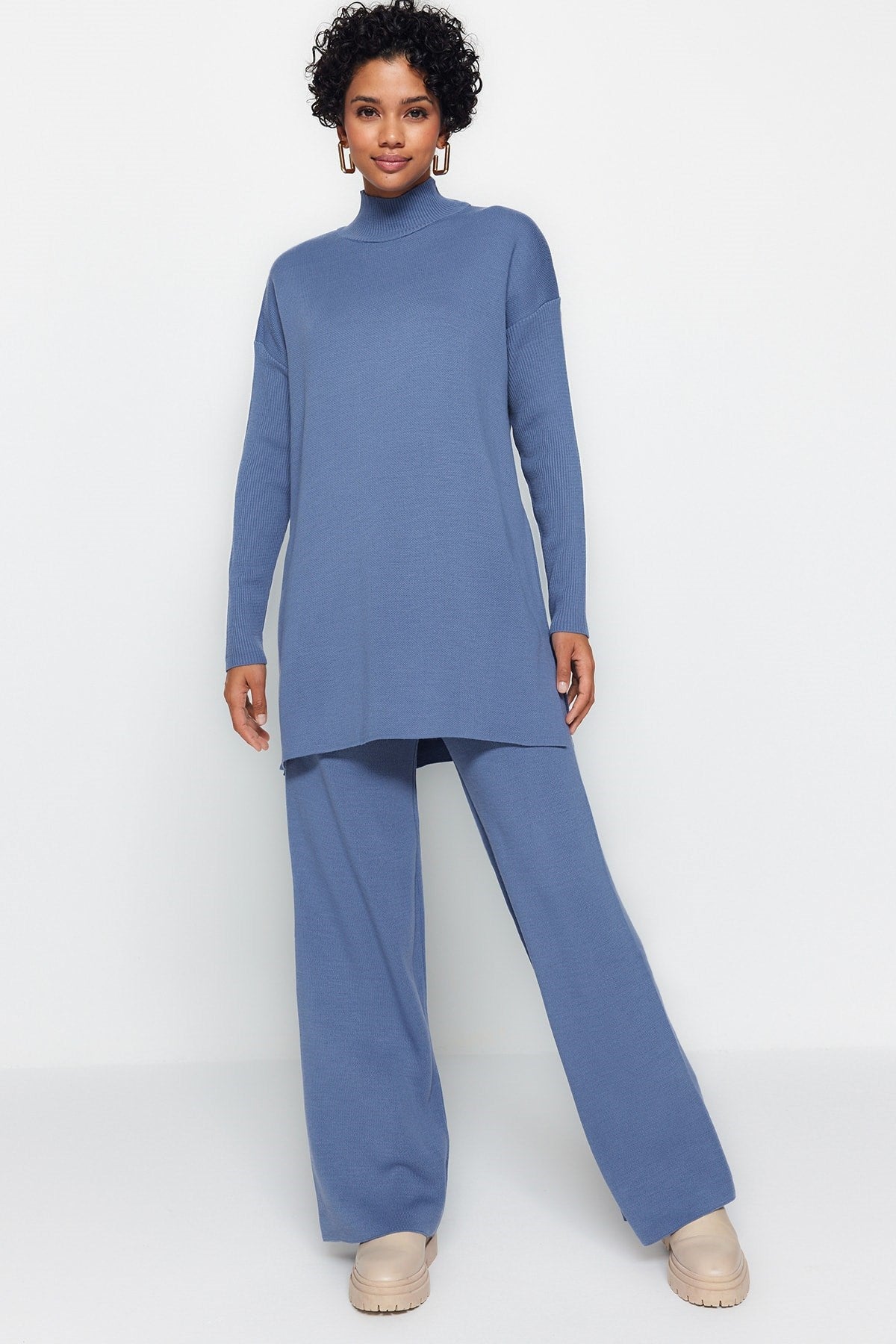 Indigo Slit Wide Leg Knitwear Bottom-top Suit Tctaw24us00028