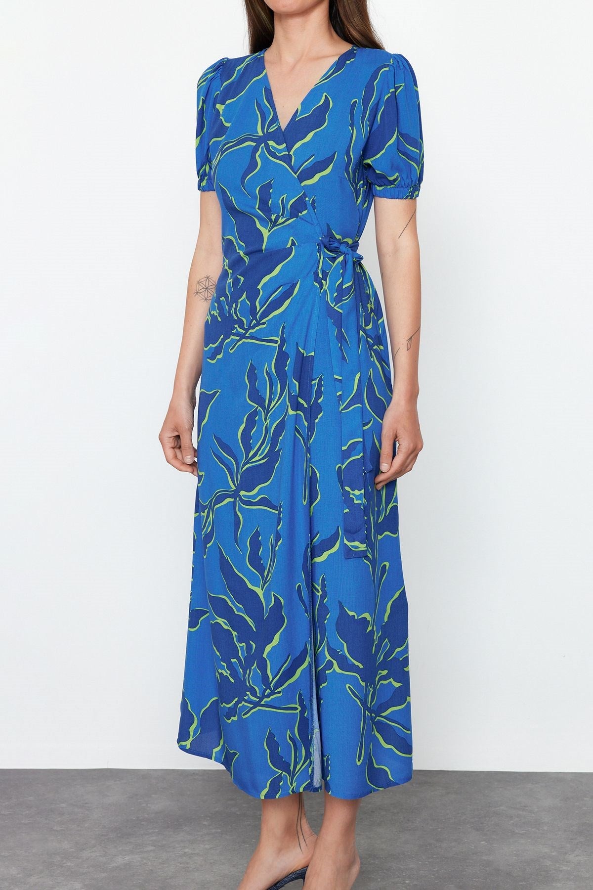 Blue Floral Print Double-breasted Viscose Midi Woven Dress Twoss24el00686