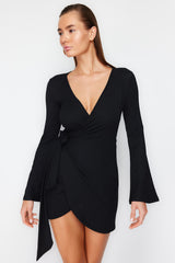 Black Mini Woven Tie Beach Dress Tbess24el00072