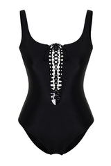 Black Square Neckline Accessorized Regular Swimsuit Tbess24ma00058