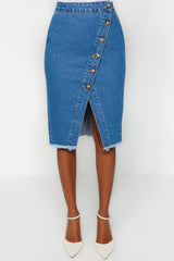 Blue Button Detailed Slit Midi Denim Skirt Twoss20et0494