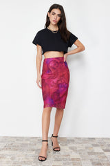 Premium Orange Printed Tulle High Waist Lined Midi Knitted Skirt Twoss23et00206