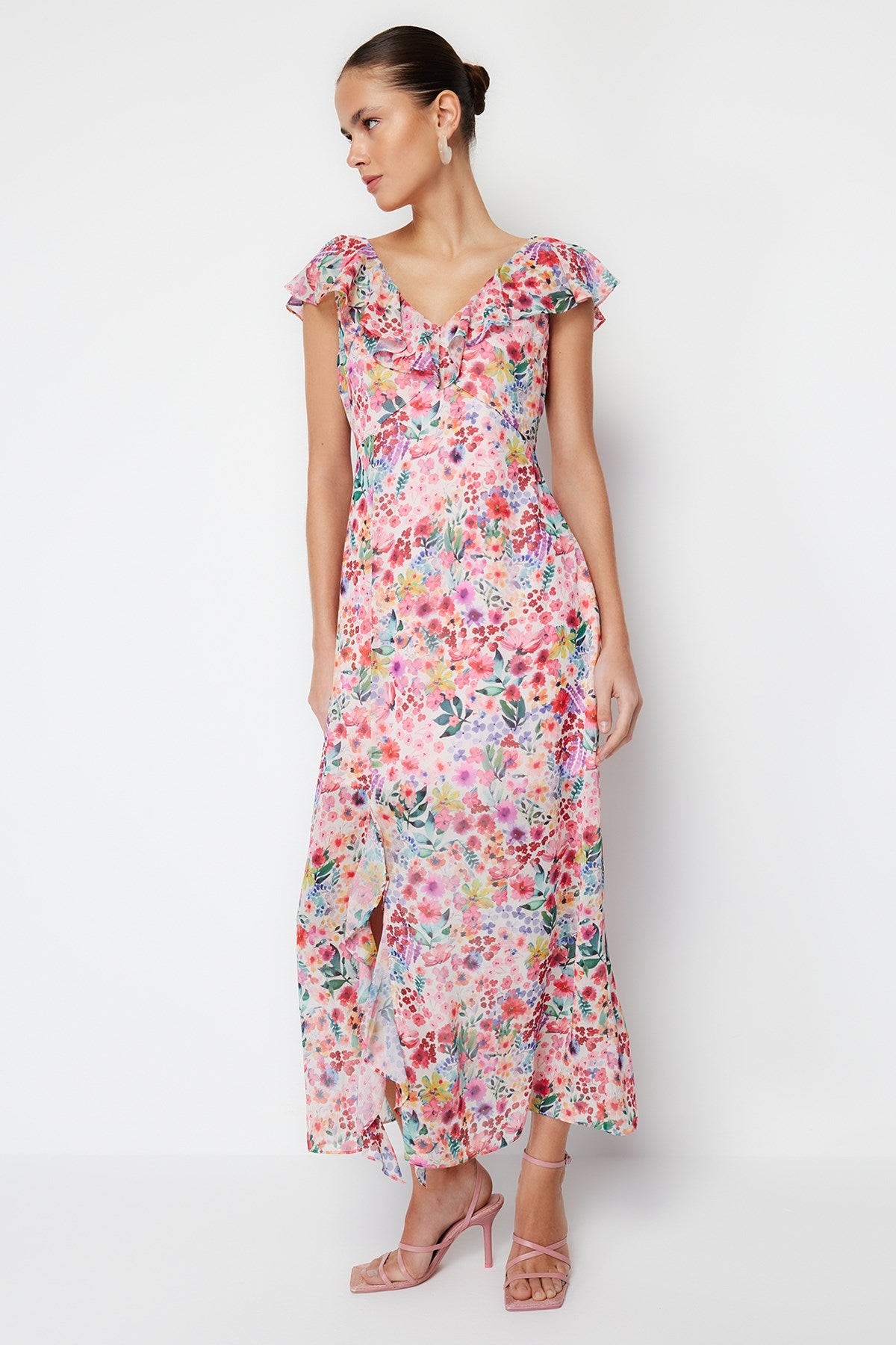 Pink Floral Ruffle Chiffon Lined Maxi Woven Dress Twoss24el00149