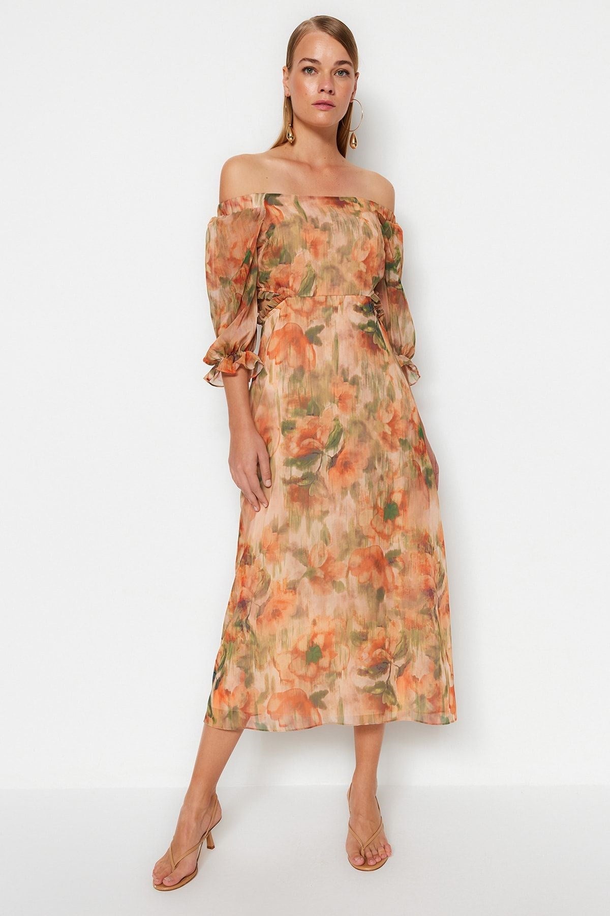 Orange Floral Carmen Collar A Cut/bell Form Chiffon Maxi Lined Woven Dress Twoss23el02422