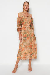 Orange Floral Carmen Collar A Cut/bell Form Chiffon Maxi Lined Woven Dress Twoss23el02422