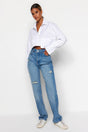 Blue Ripped High Waist Long Straight Jeans Twoaw24je00033