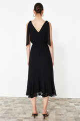 Black A Cut Waist Elastic Chiffon Lined Maxi Woven Dress Twoss24el00804