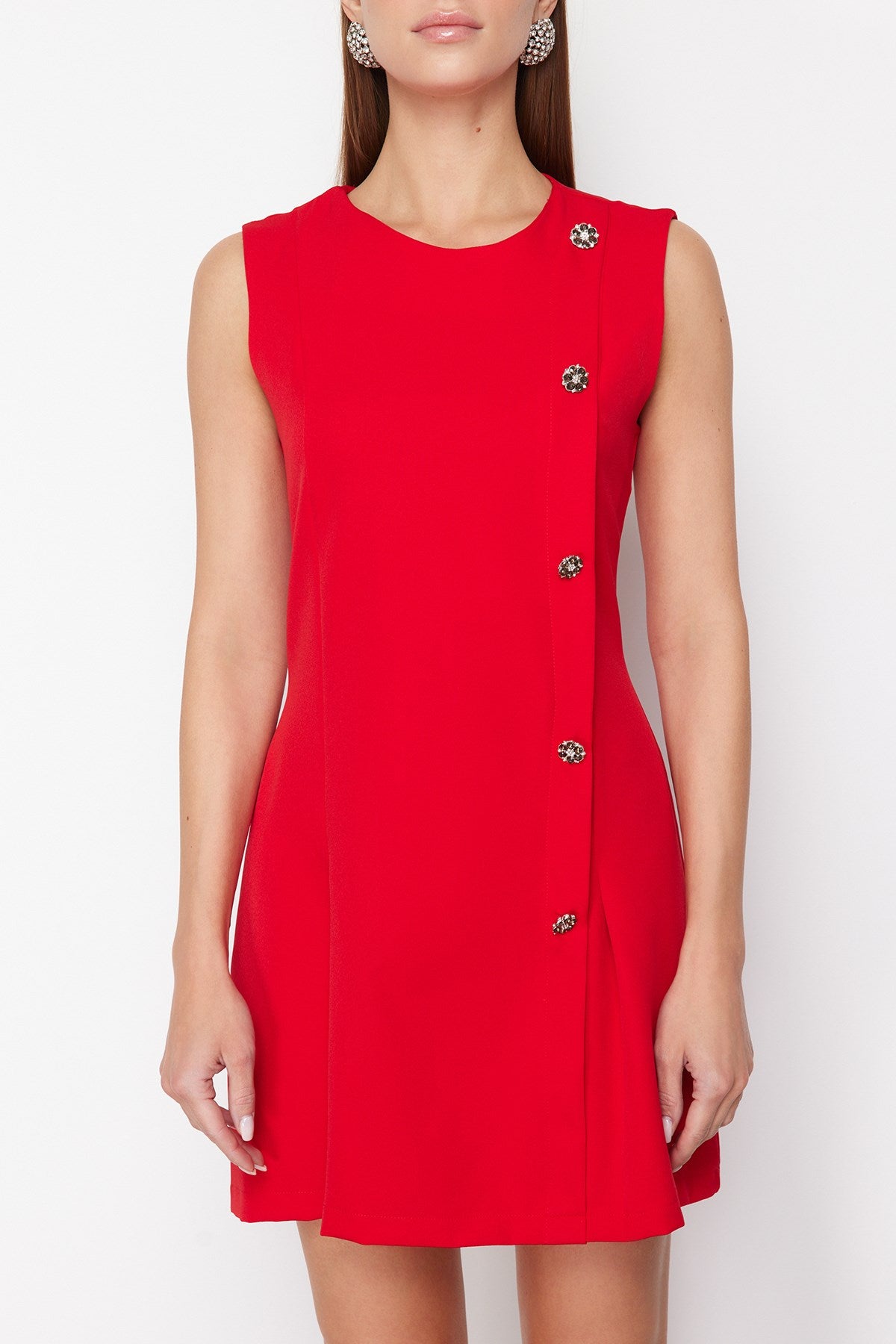 Red Plain Cut Button Detailed Mini Woven Dress Twoss24el00704