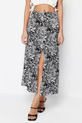 Black Patterned Front Slit Detail Midi Length Woven Linen Look Skirt Twoss24et00104