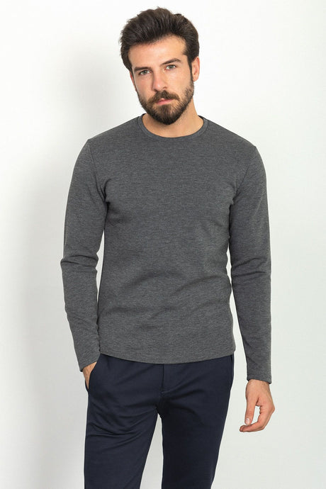 Solid Anthracite Color Slim Fit Crew Neck Long Sleeve Basic Men's T-shirt 36760.22k