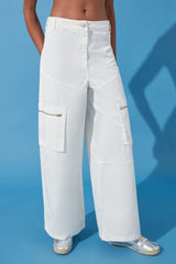 White Zipper Detailed High Waist Wide Leg Jeans Twoss24je00094