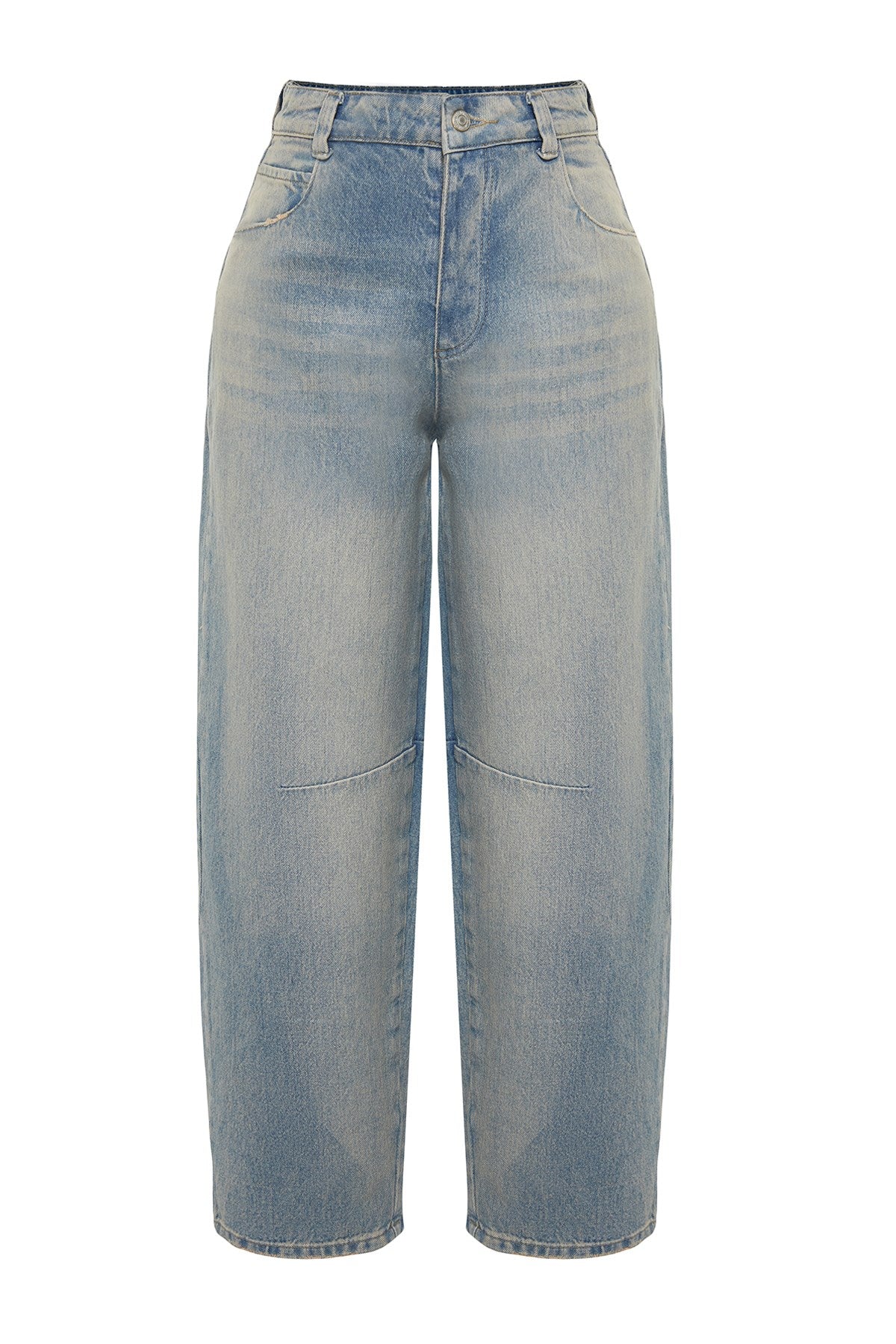 Blue Stitching Detailed High Waist Barrel Jeans Twoss24je00013