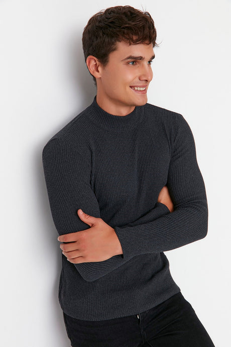 Brown Men's Fitted Slim Fit Half Turtleneck Ribbed Knitwear Sweater Tmnaw21kz0568