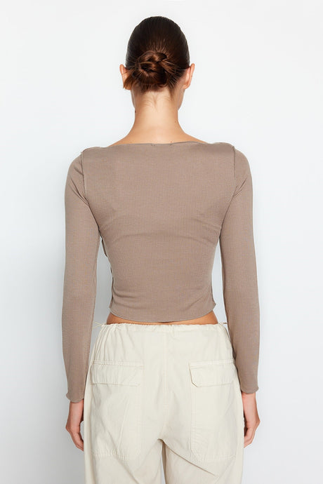 Beige Stitching Detailed Carmen Neckline Fitted/body-fitting Ribbed Knit Blouse Twoaw24bz00127