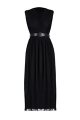 Black Pleated Double-breasted Neckline Chiffon Lined Midi Woven Dress Twoss24el00774