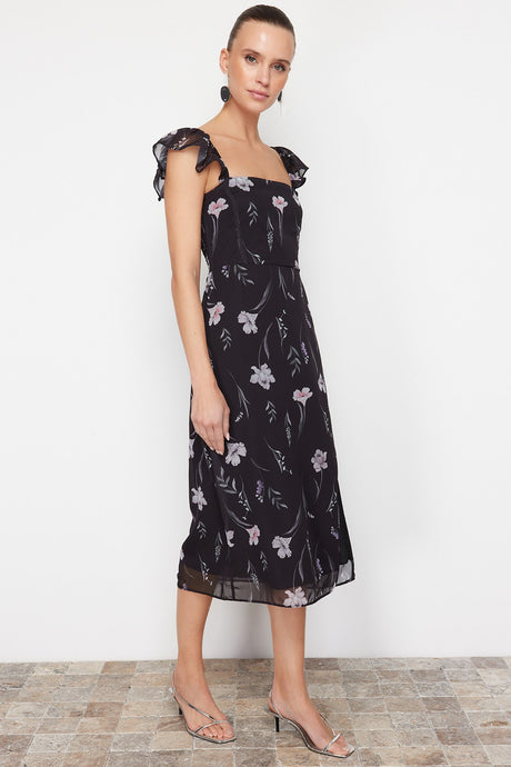 Black Floral A Cut Sleeves Frilled Midi Woven Dress Twoss24el00537