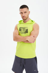 Men's Blue Cotton Plain Printed Pocket Hooded Sleeveless Casual Sports Zero Sleeve Athlete T-shirt T