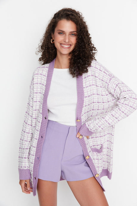 Lilac Wide Pattern Tweed Look Silvery Knit Cardigan Twoaw21hi0250