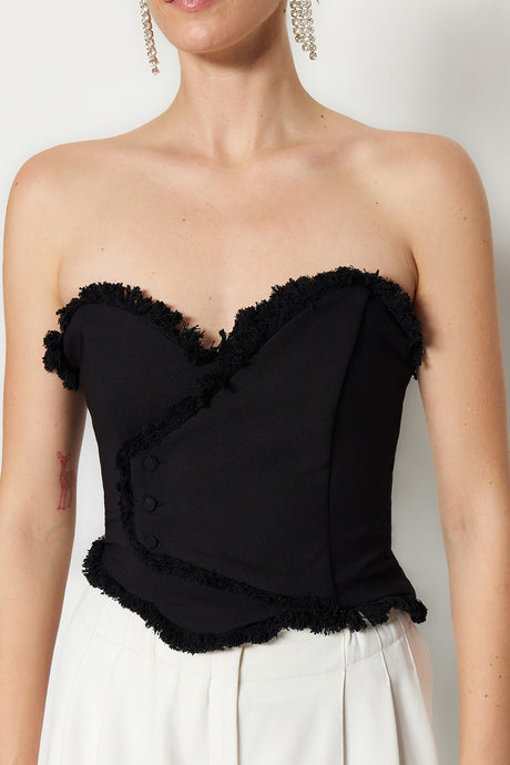 Black Body-fitting Lined Woven Tassel Bustier Tprss22bs0070