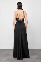 Black Draped Satin Long Night Evening Dress Tprss24ae00109