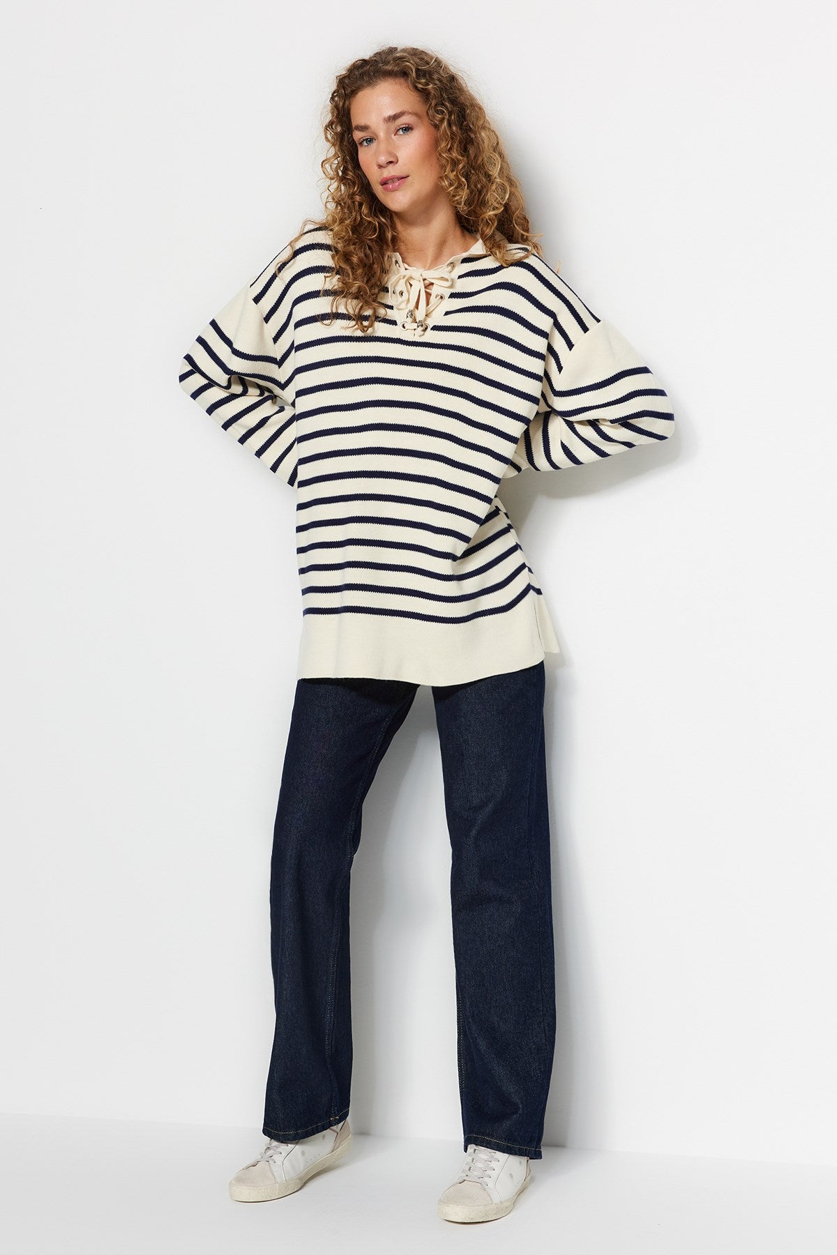 Beige Casual Pattern Striped Knitwear Sweater Tctaw24ak00172