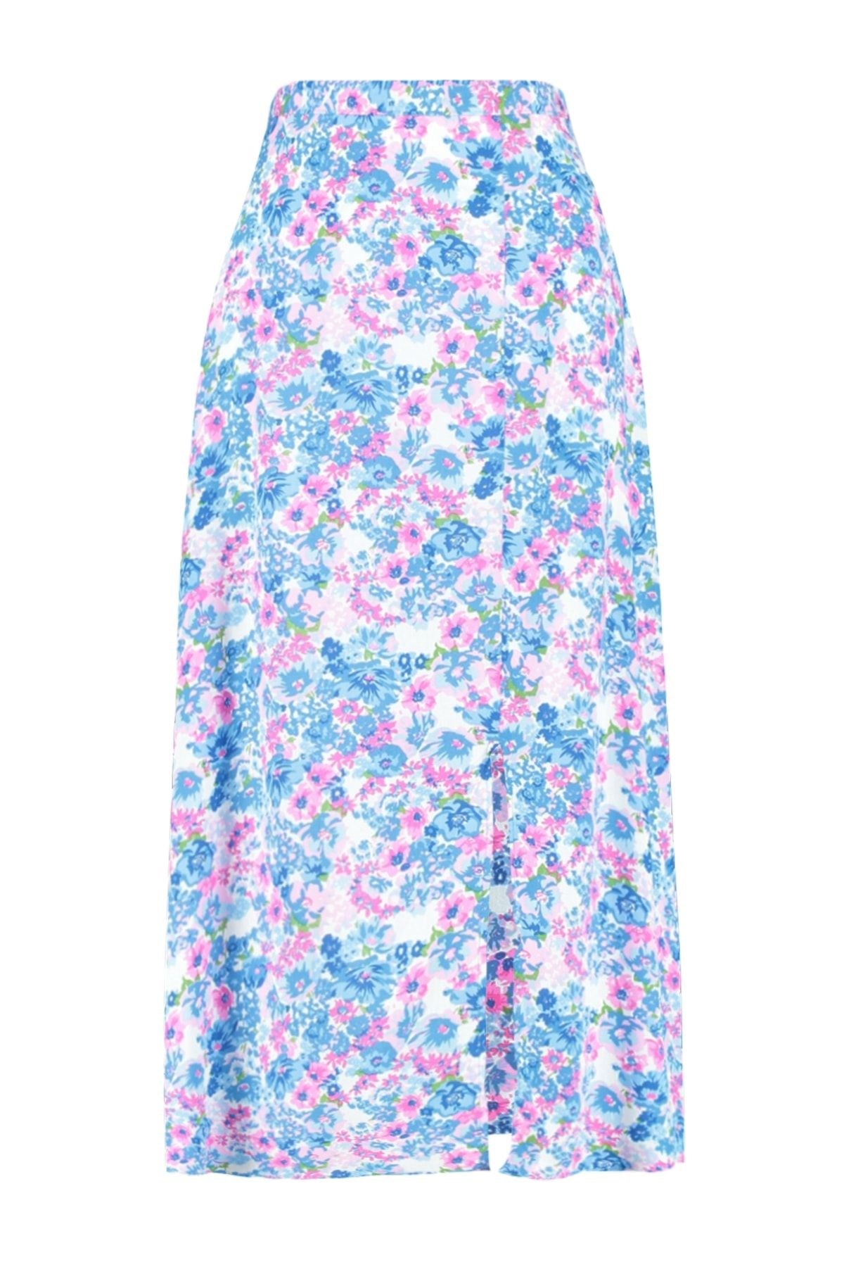 Tile Slit Detailed Floral Pattern Viscose Fabric Midi Woven Skirt Twoss20et0230