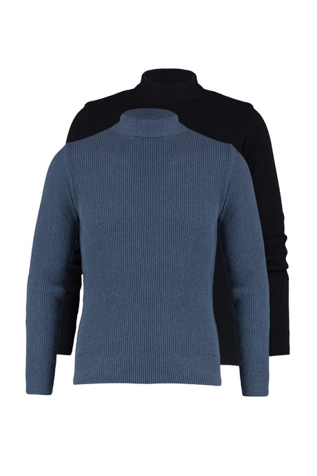 Black-indigo Men's Fitted Narrow Half Turtleneck Rubber Knit 2-piece Pack Knitwear Sweater Tmnaw22kz