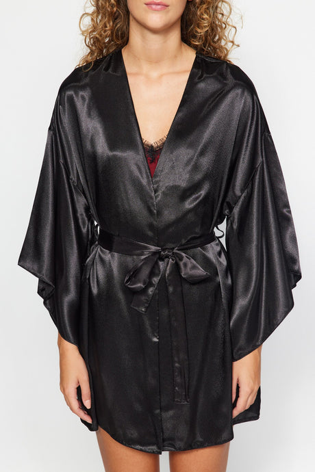 Black Belted Satin Woven Dressing Gown Thmaw23sb00011