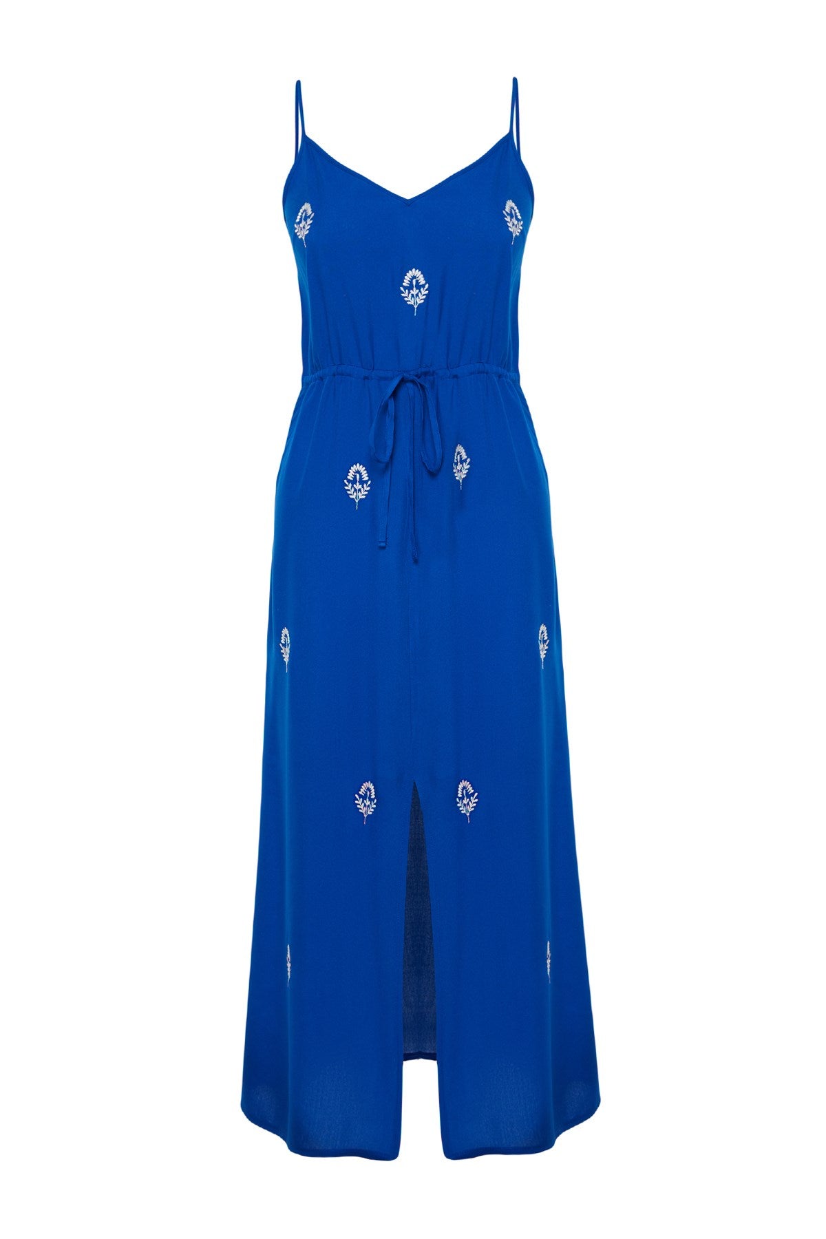 Indigo A-cut Embroidered V-neck Midi Woven Dress Twoss23el01431