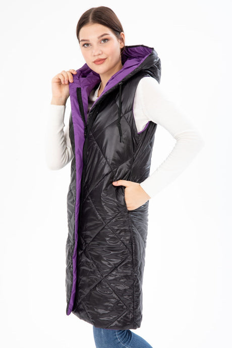 Women's Long Fixed Hooded Padded Double Sided Quilted Fibre Vest 8649 Gfx8649