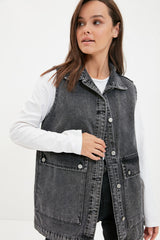 Indigo Shirt Collar Pocket Detailed 100% Cotton Denim Vest Jacket Tctaw22ck0006